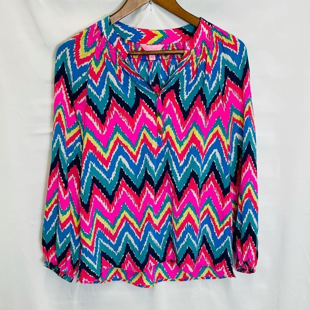LILLY PULITZER SZ S SILK CHEVRON BLOUSE